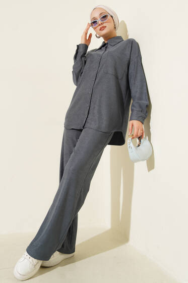 İnce Fitilli Cepli Gömlek İkili Takım İndigo - İkili Takım