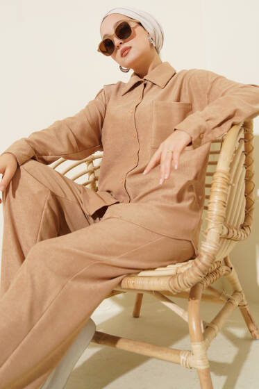 İnce Fitilli Cepli Gömlek İkili Takım Latte - İkili Takım