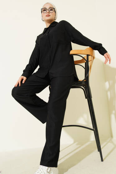 İnce Fitilli Cepli Gömlek İkili Takım Siyah - İkili Takım