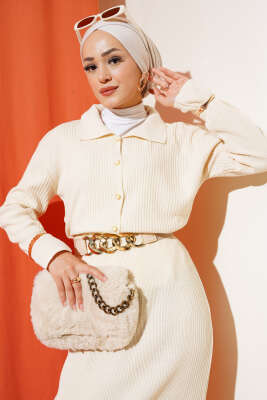 İnce Fitilli Etekli Triko İkili Takım Bej - Triko İkili Takım