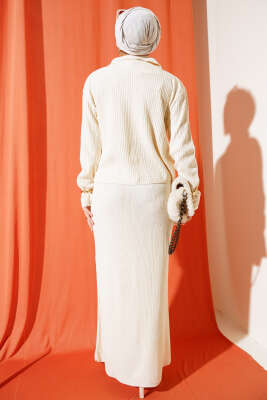 İnce Fitilli Etekli Triko İkili Takım Bej - Triko İkili Takım