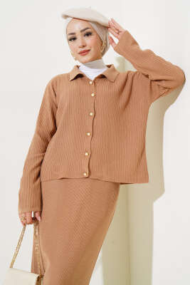 İnce Fitilli Etekli Triko İkili Takım Büsküvi - Triko İkili Takım