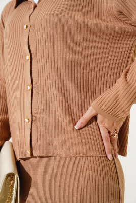 İnce Fitilli Etekli Triko İkili Takım Büsküvi - Triko İkili Takım