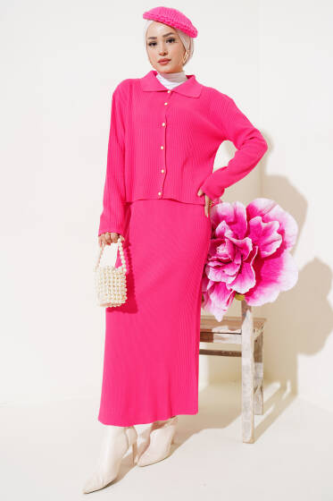 İnce Fitilli Etekli Triko İkili Takım Fuşya - Triko İkili Takım