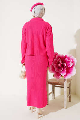İnce Fitilli Etekli Triko İkili Takım Fuşya - Triko İkili Takım