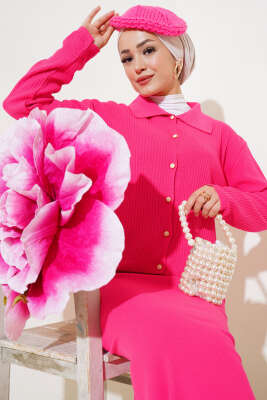 İnce Fitilli Etekli Triko İkili Takım Fuşya - Triko İkili Takım