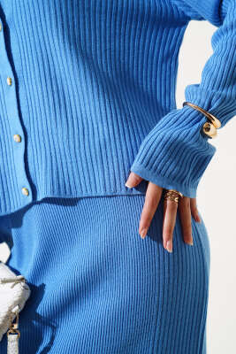 İnce Fitilli Etekli Triko İkili Takım İndigo - Triko İkili Takım