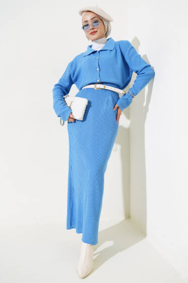 İnce Fitilli Etekli Triko İkili Takım İndigo - Triko