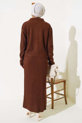 İnce Fitilli Etekli Triko İkili Takım Kahve - Triko İkili Takım