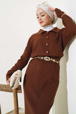 İnce Fitilli Etekli Triko İkili Takım Kahve - Triko İkili Takım