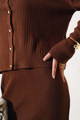 İnce Fitilli Etekli Triko İkili Takım Kahve - Triko İkili Takım