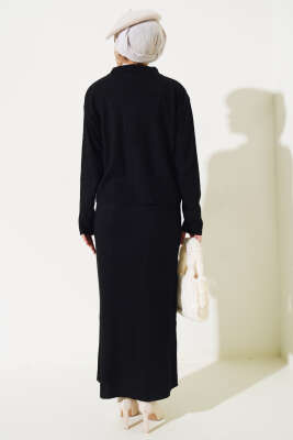 İnce Fitilli Etekli Triko İkili Takım Siyah - Triko İkili Takım