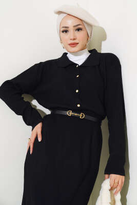 İnce Fitilli Etekli Triko İkili Takım Siyah - Triko İkili Takım