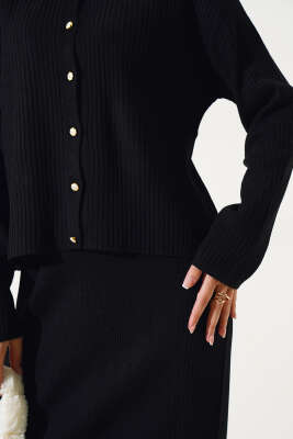 İnce Fitilli Etekli Triko İkili Takım Siyah - Triko İkili Takım