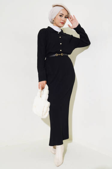 İnce Fitilli Etekli Triko İkili Takım Siyah - Triko