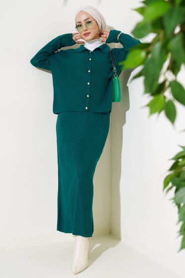 İnce Fitilli Etekli Triko İkili Takım Zümrüt - Triko