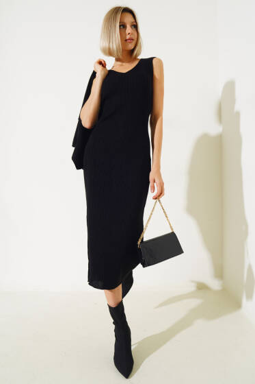 İnce Fitilli Jile Triko Takım Siyah - Yeni Giyim