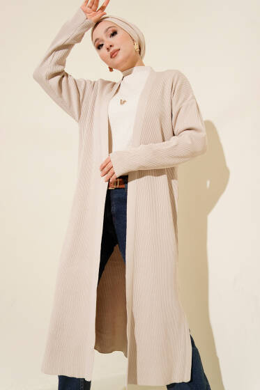 İnce Fitilli Triko Uzun Hırka Bej - Hırka