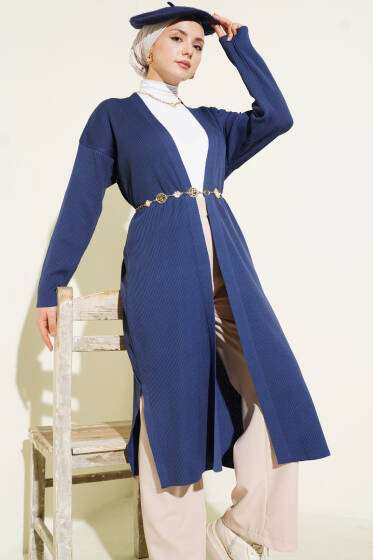 İnce Fitilli Triko Uzun Hırka İndigo - Hırka