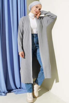 İnce Fitilli Triko Uzun Hırka Kayrak Grisi - Hırka