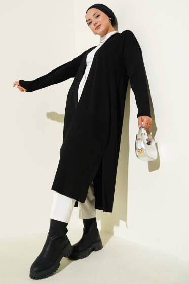 İnce Fitilli Triko Uzun Hırka Siyah - Hırka