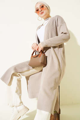 İnce Fitilli Triko Uzun Hırka Vizon - Hırka