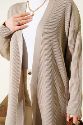 İnce Fitilli Triko Uzun Hırka Vizon - Hırka