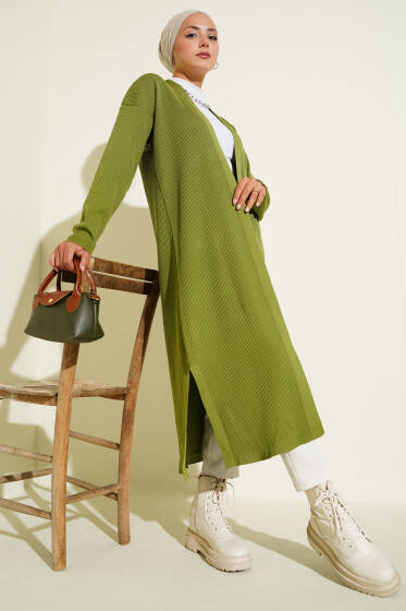 İnce Fitilli Triko Uzun Hırka Yağ Yeşili - Hırka