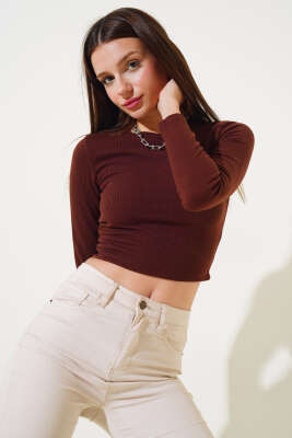 İnce Fitilli Uzun Kol Crop Kahve - Kadın Giyim Modelleri