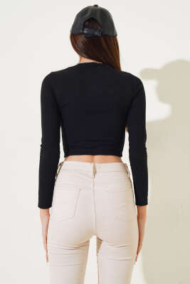 İnce Fitilli Uzun Kol Crop Siyah - Kadın Giyim Modelleri