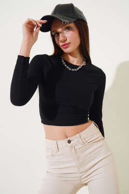 İnce Fitilli Uzun Kol Crop Siyah - Kadın Giyim Modelleri