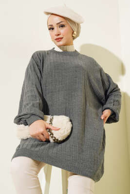 İnce Fitilli Yarasa Kol Triko Tunik Antrasit 