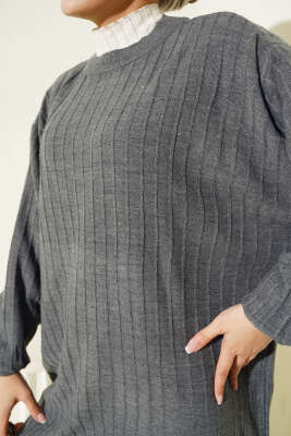 İnce Fitilli Yarasa Kol Triko Tunik Antrasit - Triko Tunik