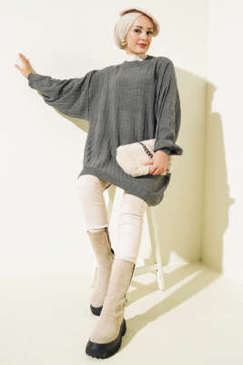 İnce Fitilli Yarasa Kol Triko Tunik Antrasit - Triko Tunik