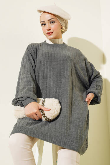 İnce Fitilli Yarasa Kol Triko Tunik Antrasit - Tunik