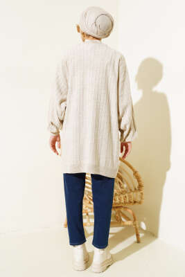 İnce Fitilli Yarasa Kol Triko Tunik Bej - Triko Tunik