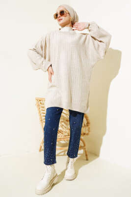 İnce Fitilli Yarasa Kol Triko Tunik Bej - Triko Tunik