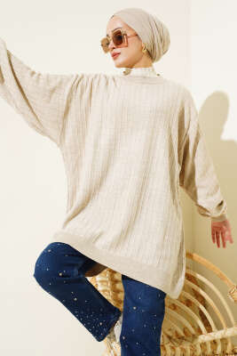 İnce Fitilli Yarasa Kol Triko Tunik Bej 