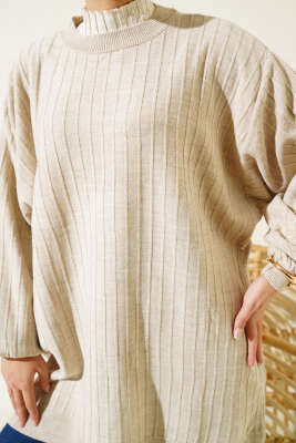 İnce Fitilli Yarasa Kol Triko Tunik Bej - Triko Tunik