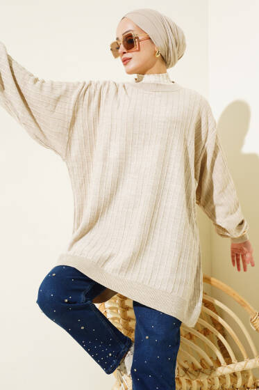 İnce Fitilli Yarasa Kol Triko Tunik Bej - Tunik