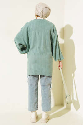 İnce Fitilli Yarasa Kol Triko Tunik Çağla Yeşili - Triko Tunik