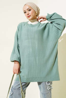 İnce Fitilli Yarasa Kol Triko Tunik Çağla Yeşili 
