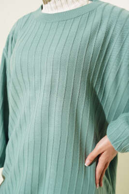 İnce Fitilli Yarasa Kol Triko Tunik Çağla Yeşili - Triko Tunik