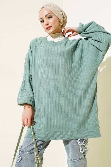 İnce Fitilli Yarasa Kol Triko Tunik Çağla Yeşili - Tunik