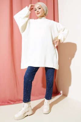 İnce Fitilli Yarasa Kol Triko Tunik Ekru - Triko Tunik