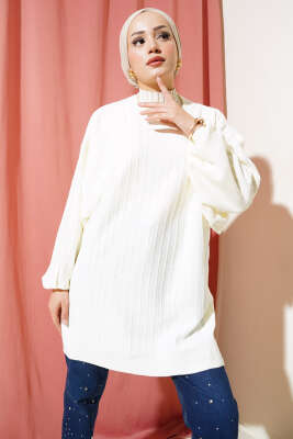 İnce Fitilli Yarasa Kol Triko Tunik Ekru 