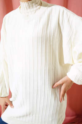 İnce Fitilli Yarasa Kol Triko Tunik Ekru - Triko Tunik