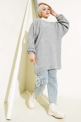 İnce Fitilli Yarasa Kol Triko Tunik Gri - Triko Tunik