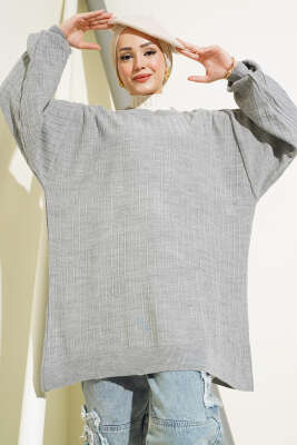 İnce Fitilli Yarasa Kol Triko Tunik Gri 