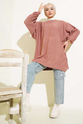 İnce Fitilli Yarasa Kol Triko Tunik Gül Kurusu - Triko Tunik